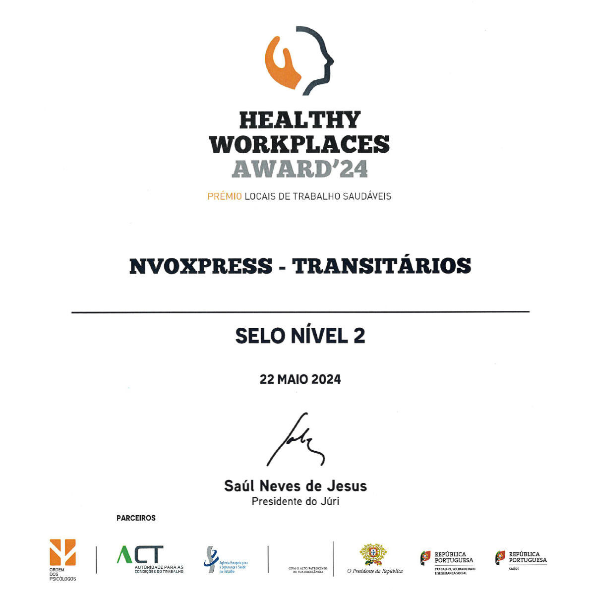 NVOxpress recebe prémio “Healthy WorkPlaces 2024”.