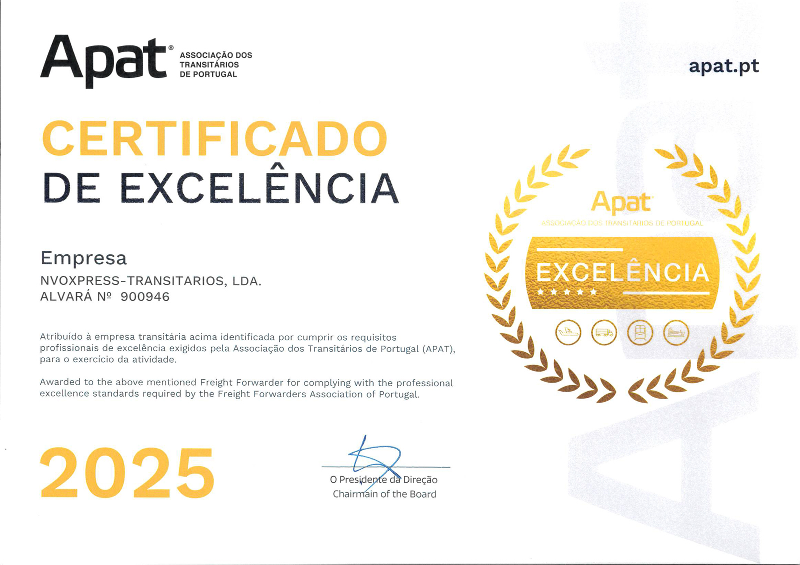 NVOxpress Receives APAT Certificate of Excellence.