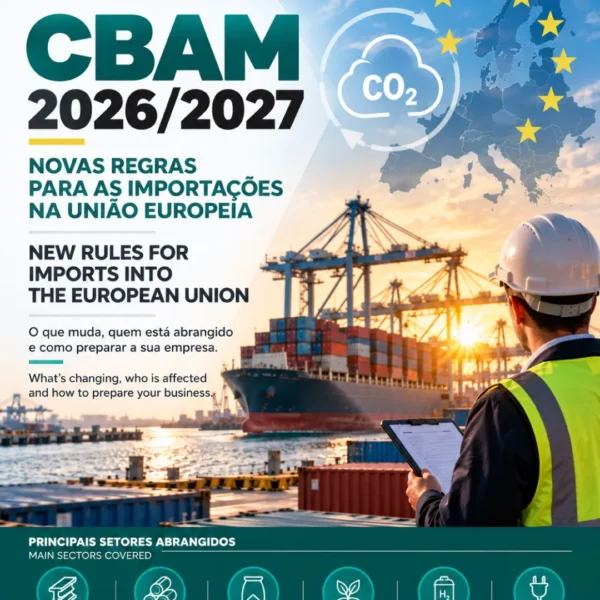 CBAM 2026/2027 – Novas Regras para Importações CBAM 2026/2027: novas regras europeias para importações, com representação de um porto de contentores e dos setores abrangidos.