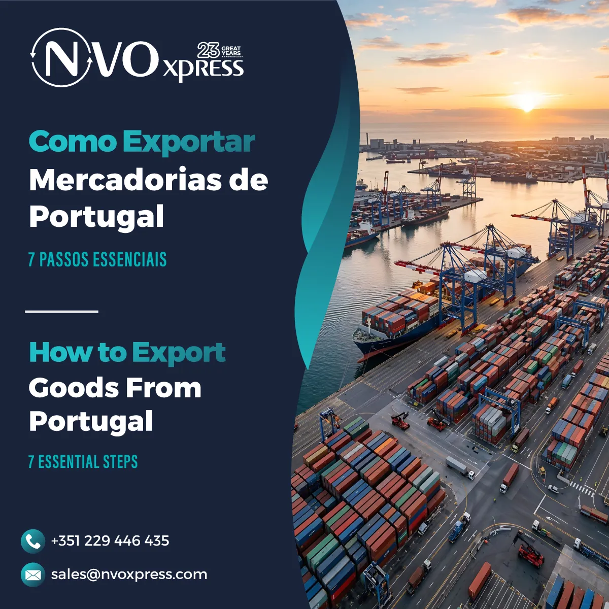 Como exportar mercadorias de Portugal: guia de 7 passos essenciais, com imagem de um porto de contentores.